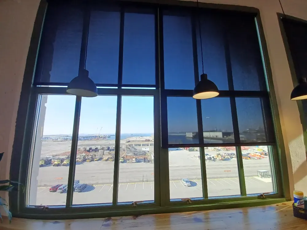 Roller shades, large industrial windows