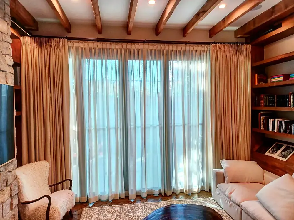 Sheer drapery with side panels, living room